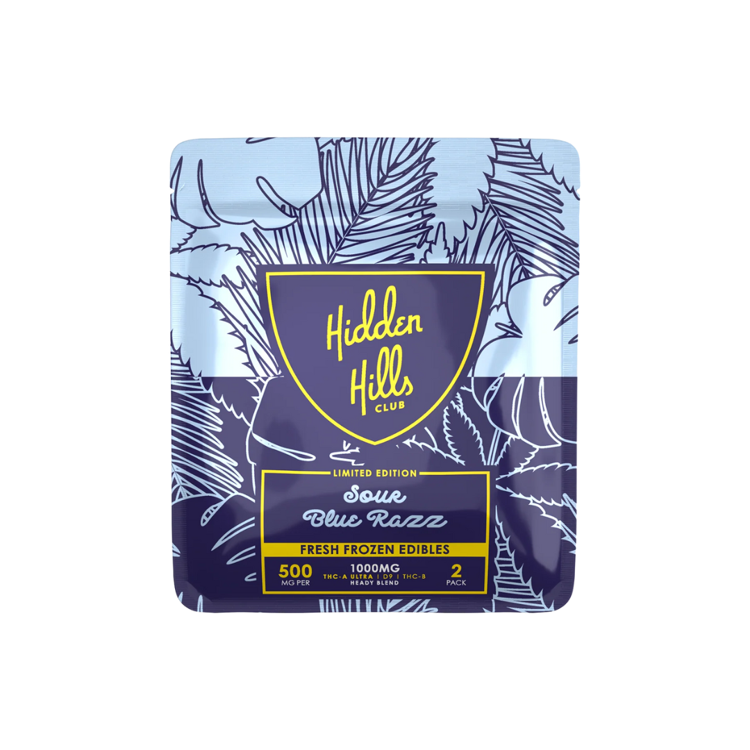 ❄️💙 Hidden Hills Club – Sour Blue Razz Fresh Frozen Bricks (2 Gummies, 1000 mg total)